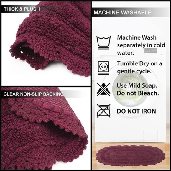 home Burgundy Crochet Bathrug, Cotton Oval bathmat Handcrafted Crochet Border - Picture 5 of 6
